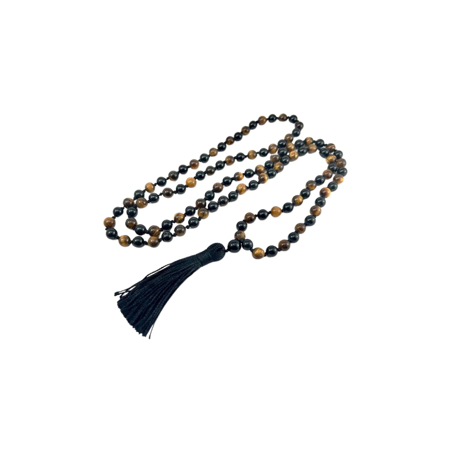 Tiger's Eye & Black Obsidian Knotted 108 Bead Mala - 8mm (1 Pack)