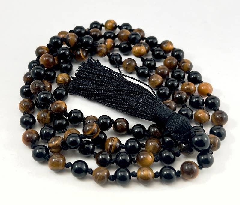 Tiger's Eye & Black Obsidian Knotted 108 Bead Mala - 8mm (1 Pack)