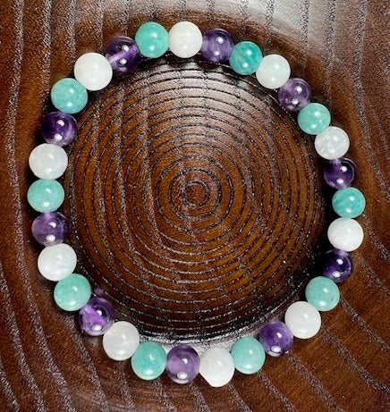 Amethyst, Moonstone, Blue Amazonite Beaded Bracelet 6mm (4 Pack) - Small Wrists