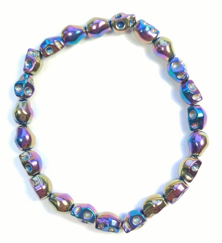 Longer Length Skull Rainbow Hematite Beaded Bracelet 6x8mm (4 Pack)