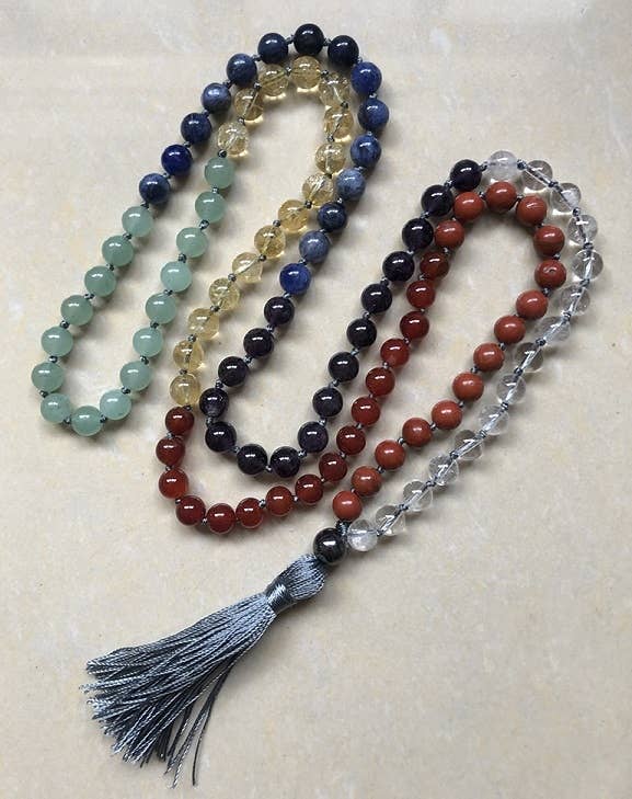 Real Gemstone Chakra Knotted 108 Bead Mala Prayer Beads 8mm (1 Pack)