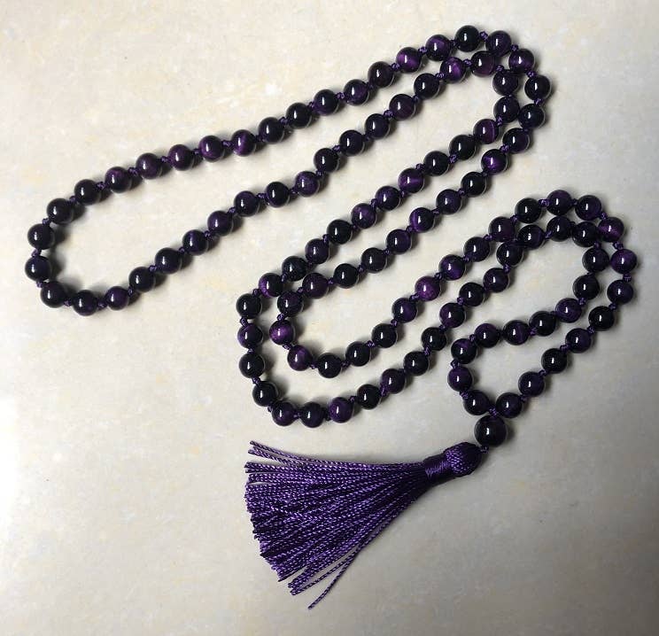 Purple Tiger's Eye Knotted 108 Bead Mala - Prayer Beads 8mm (1 Pack)